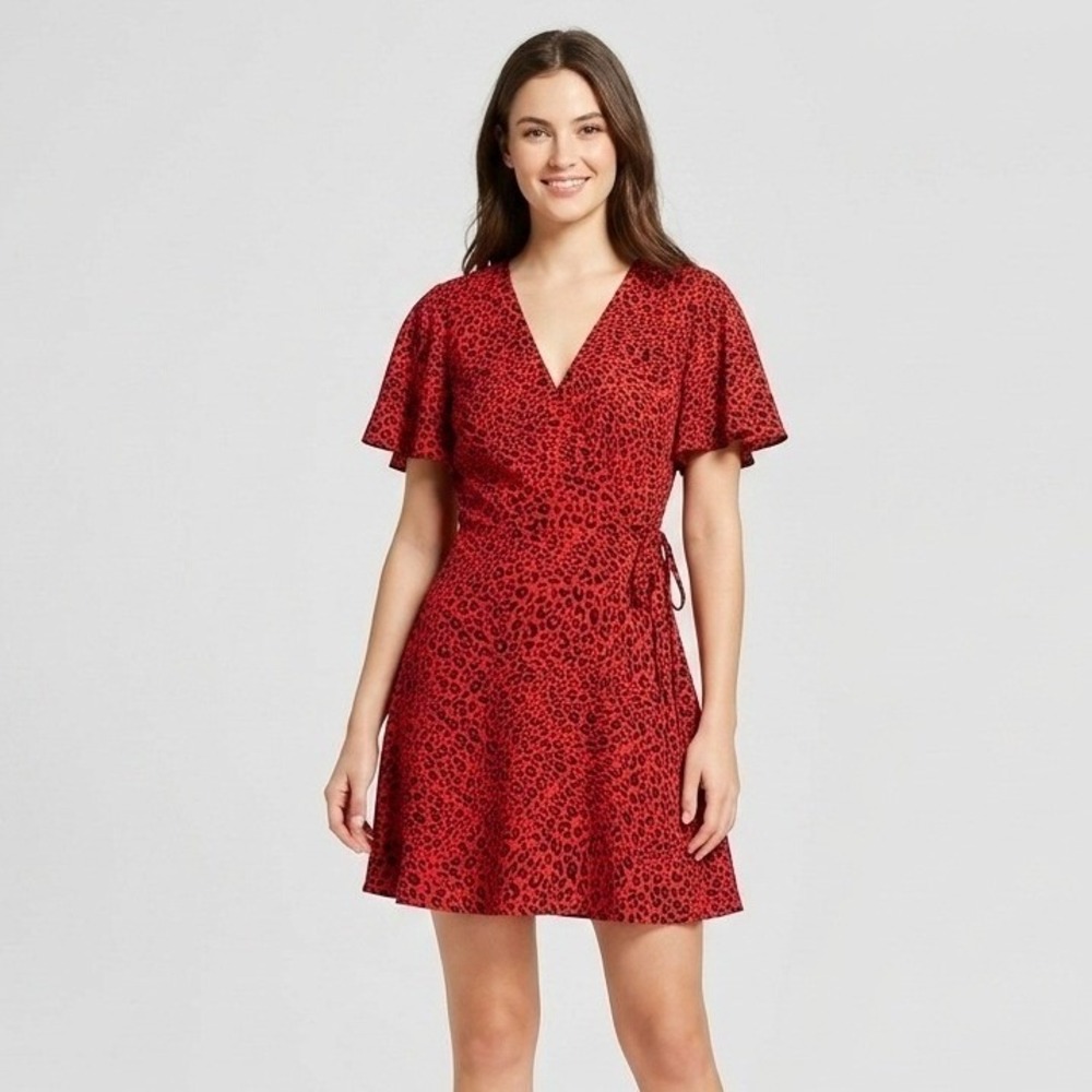 Xtraordinary Womens M Red Leopard Print Faux Wrap Dress Flutter Sleeve V Neck